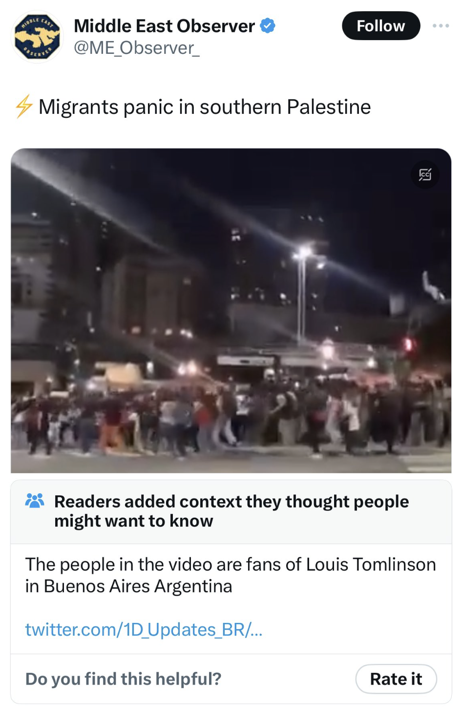 Israel - Middle East Observer Migrants panic in southern Palestine Readers added context they thought people might want to know The people in the video are fans of Louis Tomlinson in Buenos Aires Argentina twitter.com1D Updates_BR... Do you find this help